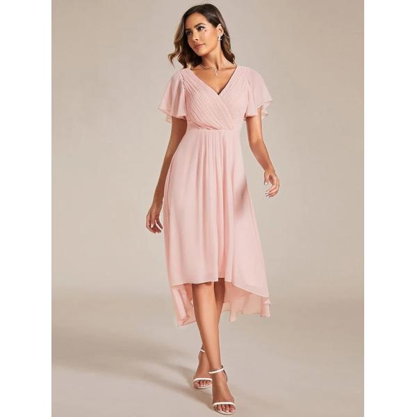 Chic V-neck High-low Short Flutter Sleeves A-line Ruffles Midi Invisible Zipper Pink Chiffon Wedding Guest Evening Dress