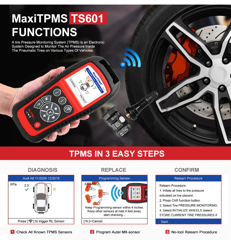 AUTEL MaxiTPMS TS601 TPMS Tool Automotive Tire Repair Tools Sensor Progarmming/Relearn/Activate for Tire Pressure