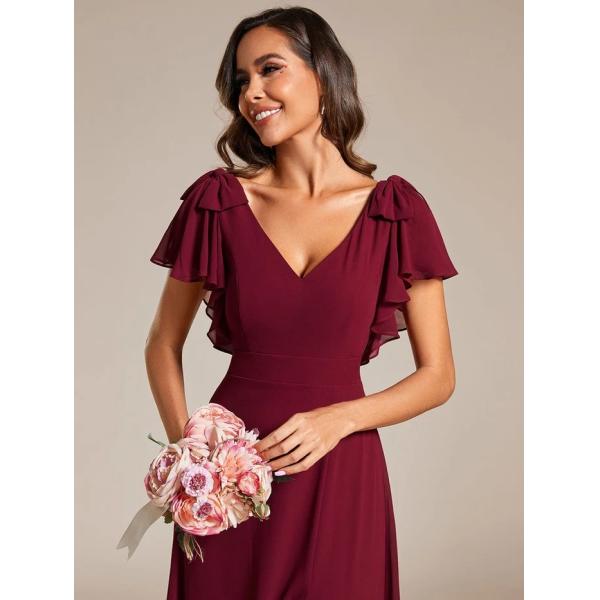 Empire Plus Size V-neck High Split A-line Short Sleeve Zipper Burgundy Chiffon Prom Dress