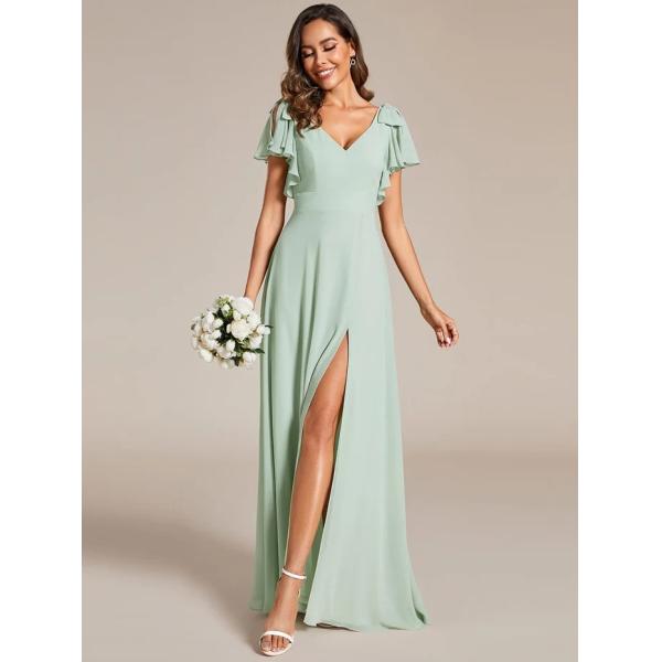 Empire Plus Size V-neck High Split A-line Short Sleeve Zipper Mint Green Chiffon Bridesmaid Dress