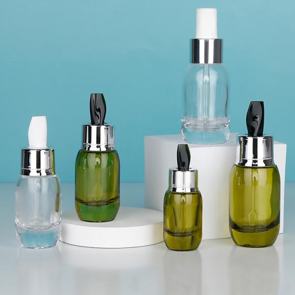 Skin Care Serum Cream Bottles 15ml 30ml 50ml Clear Green Glass Designs with Stirring Stick Customizable