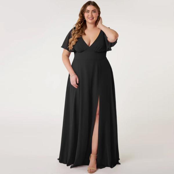 Perfect Plus Size Black Chiffon Long Bridesmaid Dress Short Sleeves Keyhole Ruched A-Line V-neck Front Split Slit