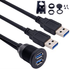Car Dashboard Panel Flush Mount USB 3.0 Dual Port Dock Adapter Male to Female