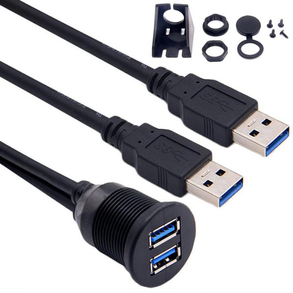 Car Dashboard Panel Flush Mount USB 3.0 Dual Port Dock Adapter Male to Female
