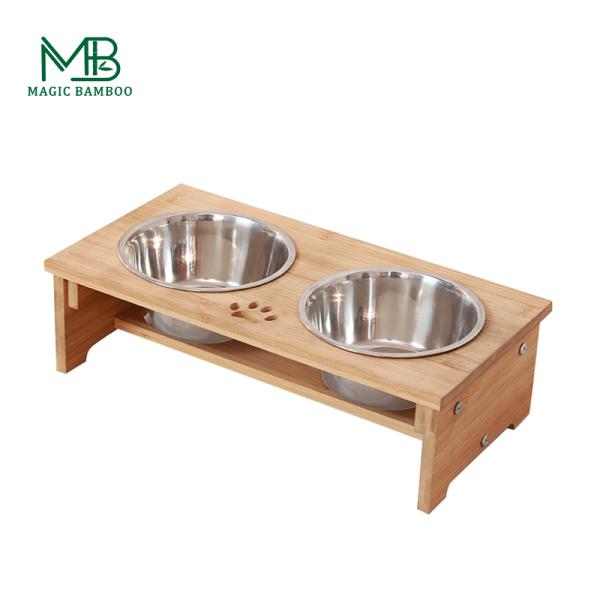 Hollow Pattern Bamboo PET Feeder Stand Stainless Steel Bowls for Dog