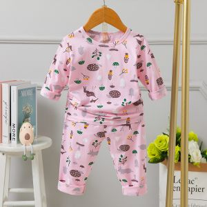 China Round Neck Kids Pyjama Set / Long Sleeve Cotton Pjs 120cm Height grind For 5years on sale
