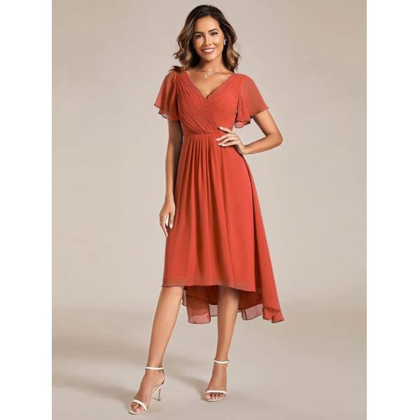 Chic V-neck High-low Short Flutter Sleeves A-line Ruffles Midi Invisible Zipper Burnt Orange Chiffon Party Dress