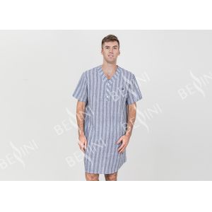 Stripeed Design Mens Short Sleeve Nightshirts Button Placket Embroidery Curved