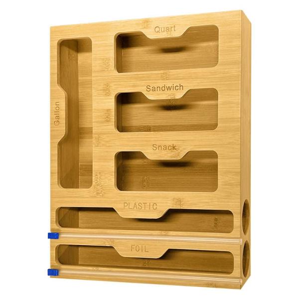 Bamboo 6 In 1 Ziplock Bag Storage Organizer With Cutter Functional Design Single Tier