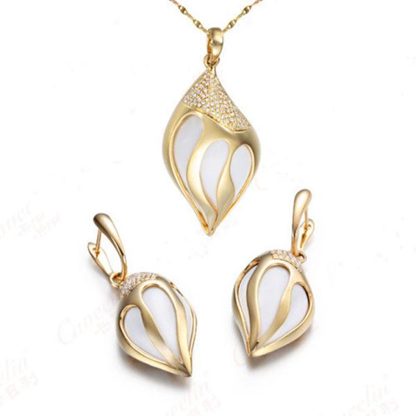 18K Yellow Gold Diamonds White Agate Drop Pendant Earrings Jewelry (GDSET005)