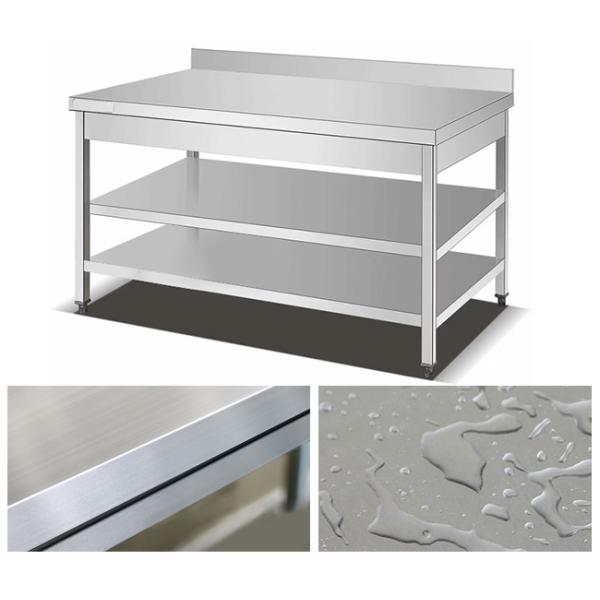 Restaurant Stainless Steel Working Table Assembly Fencing Three Deck Worktable With Backrest Commercial Storage Rack