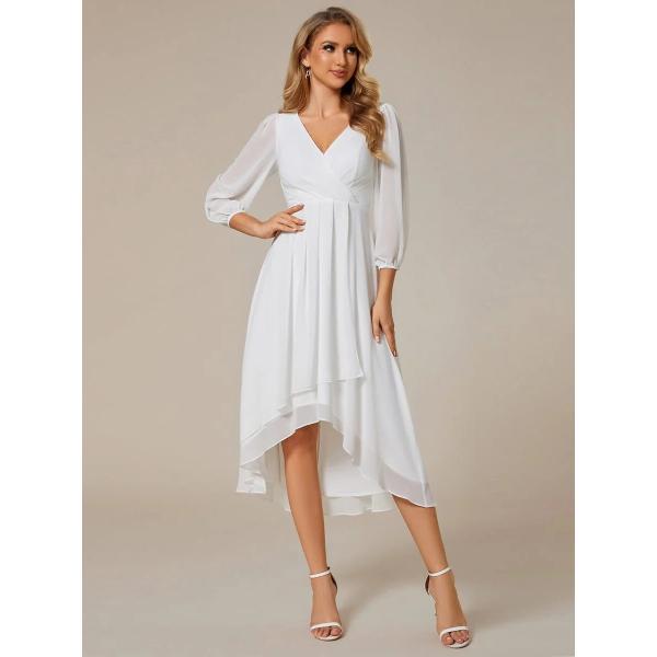 Elegant Empire Long Sleeve V-neck High Low A-line Ruffled Midi Dusty Chiffon Wedding Guest Blue Graduation Dress