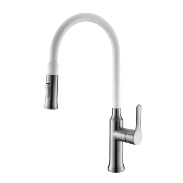 80cm Stainless Steel Kitchen Faucet White Single Handle Brushed Pull Out Mixer