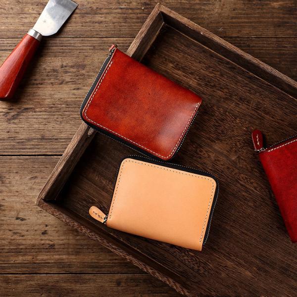 Retro Style Short Zipper Wallet Money Cloth Made of Vegetable Tanned Cowhide Leather