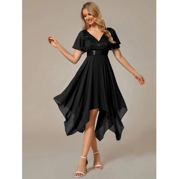 Asymmetrical Hem V-neck Empire Waist A-line Short Sleeves Knee-length Black Lace Chiffon Evening Dress