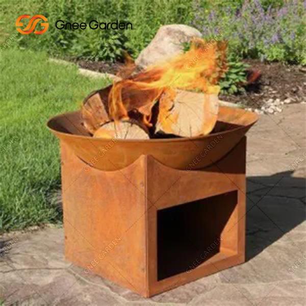Round Outdoor Garden Wood Burning Corten Steel Fire Pit 3mm With Wood Storage