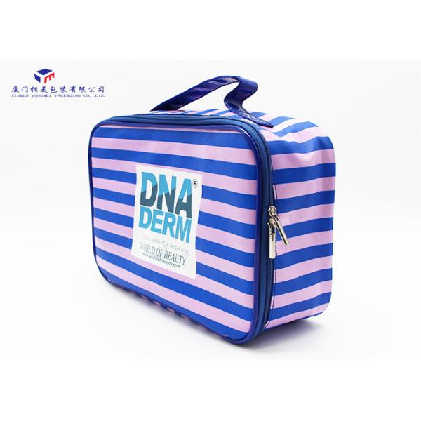 Buy Pink / Blue Stripe Soft PVC Bags Blue Zipper With Two Metal Heads Reusable Design at wholesale prices