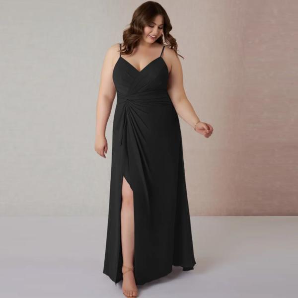 Manufacturer ODM Black Chiffon Bridesmaid Dress Spaghetti Straps Sleeveless A-Line Front Split Slit Sleeveless Pleated
