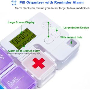 Smart Pill Box,7 Day Pill Organizer,4 Alarm Clocks,AM/PM Automatic Alarm