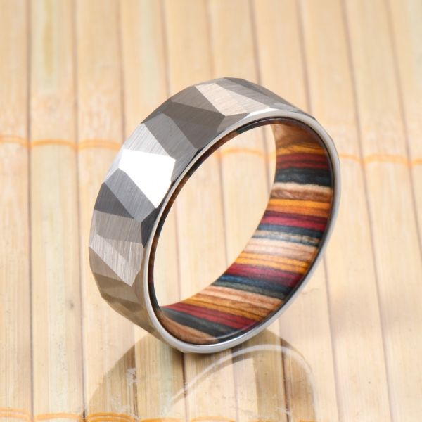 Sample Making Service 8mm Wedding Rings Box Elder Wood Colourful Hammered Black Faceted Tungsten Carbide Ring
