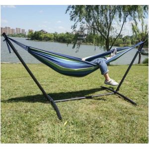 Double Canvas Stripe Hammock With Steel Stand Weight Capacity 260KGS Easy to
