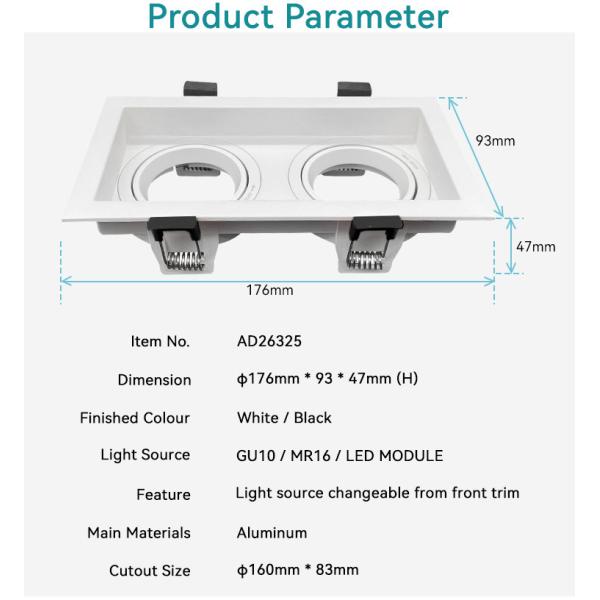 Square Dual-Head Spotlight Frame Anti-Glare 90° Rotation Aluminum For Commercial
