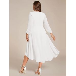 Plus Size Ruffled A-line Long Sleeve V-neck High Low Wedding Guest White Chiffon