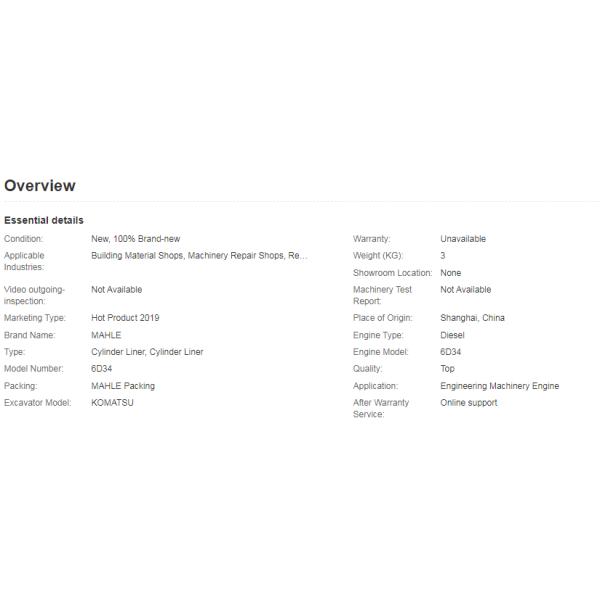 Diesel Engine Genuine MAHLE 4D34 6D34 ME012900 Cylinder Sleeve Liner For Komatsu Excavator Spare Parts