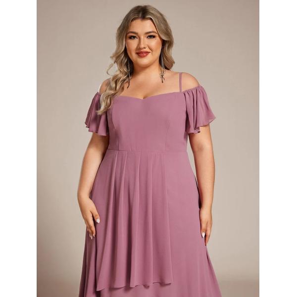 Empire Off-shoulder Spaghetti Strap Zipper High-low Wedding Guest Short Sleeves Purple Orchid Chiffon Homecoming Dress