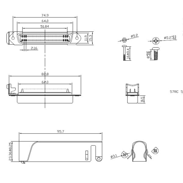 90 Degree 25 Pair DDK Female Centronic Solder Reversed 50pin Connector with Matel Hood