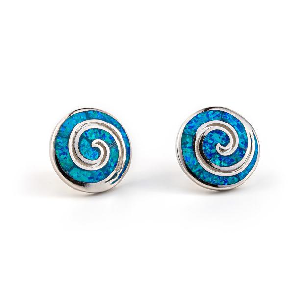 925 With Sterling Silver Vintage Greek Key Blue Meander Opal Spiral Stud Earrings For Women