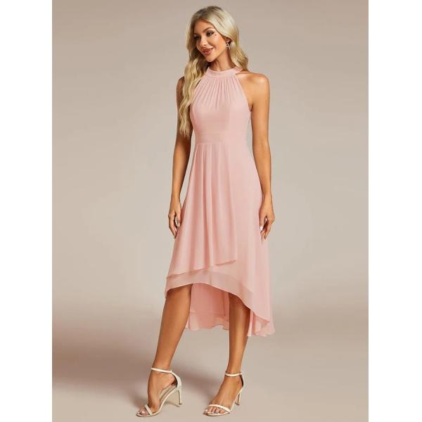 Tea-length A-line Sleeveless Halter Neck Wedding Guest Dress Pink Chiffon Cocktail Dresses