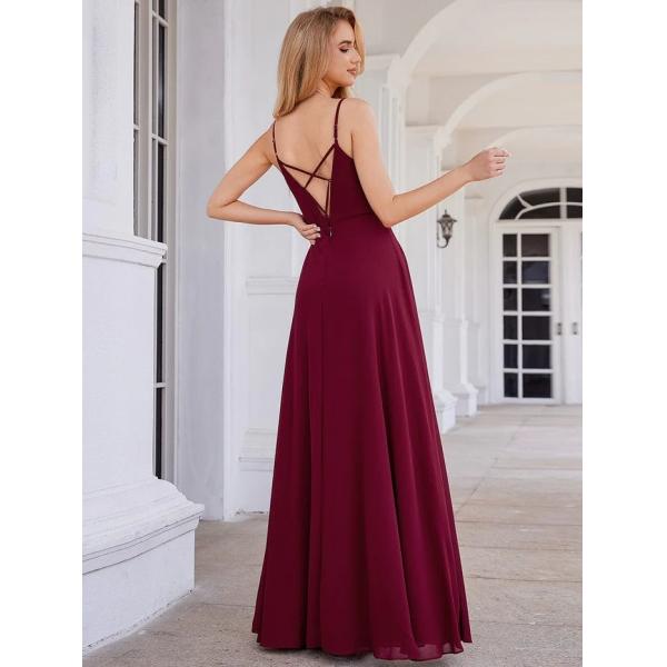 Chic V-neck Pleated Sleeveless Backless A-line Empire Spaghetti Strap Applique Waist Burgundy Chiffon Bridesmaid Dress