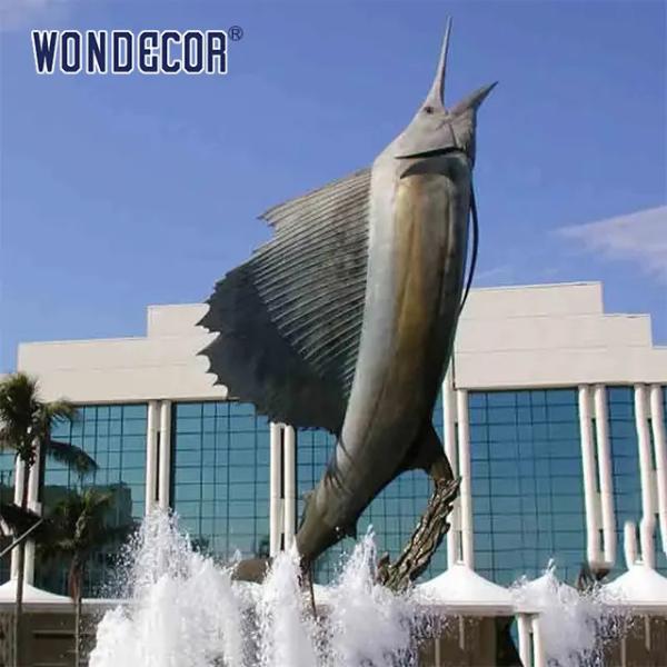 Interesting outdoor garden decoration with large bronze sailfish sculptures
