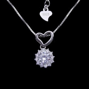 Natural Pearl Drop Necklace Silver / Heart Pendant Necklace With Rhinestone