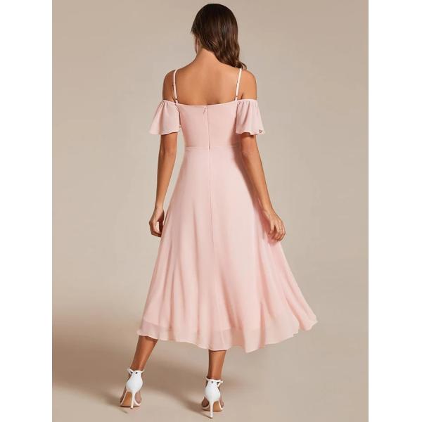 Empire Off-shoulder Spaghetti Strap Zipper High-low Wedding Guest Dresses Short Sleeves Pink Chiffon Bridesmaid Dress