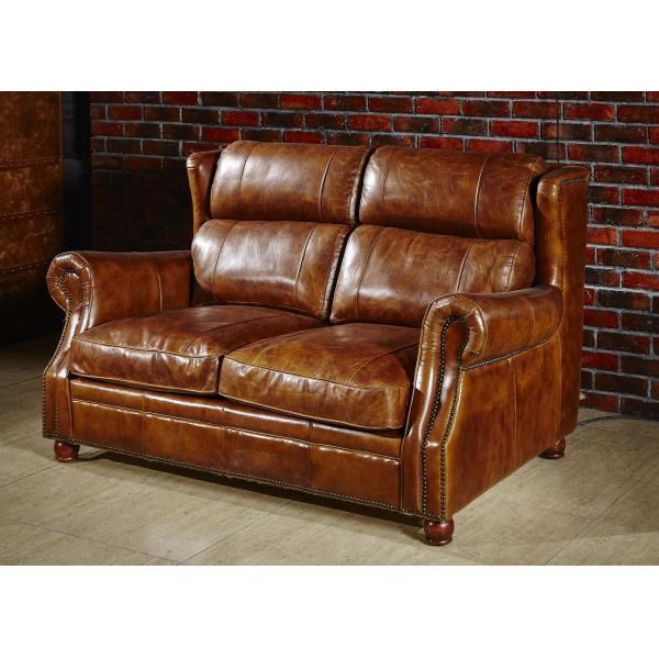 Retro Vintage Living Room 2 Seater Leather Sofa With Double Layer Back Cushion