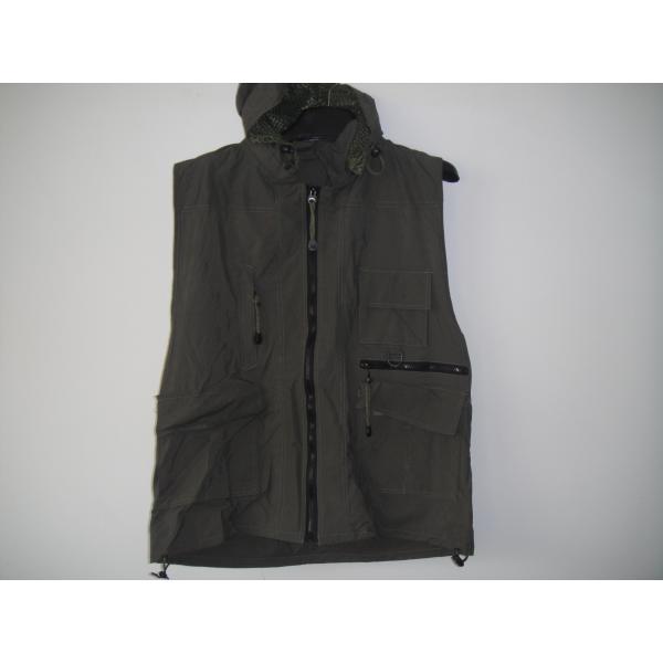Fishing vest 033 with hood in taslan fabric, olive green color, water proof, quick dry, S-3XL