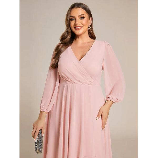 Ruffled A-line Long Sleeve V-neck High-low Wedding Guest Pink Chiffon Prom Dress