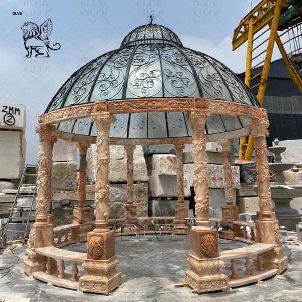 Sunset Red Marble Waterproof Gazebo Wedding Natural Stone Carving Roman Pillar
