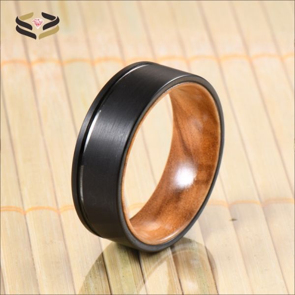 8mm Flat Edge Brushed Olive Wood Inlay Sleeve Black Tungsten Ring Wedding Band Fashion Engagement Ring for Men Sample Making