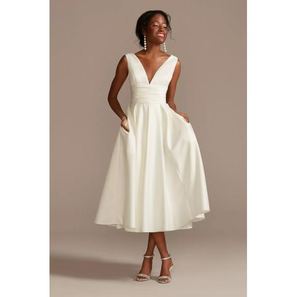 Modern Satin Plus Size V-neck Zipper Tea-length Empire Backless Tank Straps A-line Ivory Satin Midi Wedding Dress