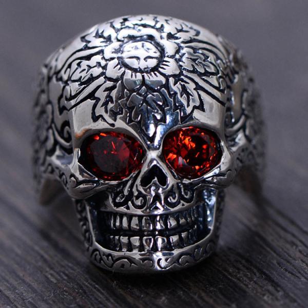 Men Retro Jewelry Heavy Sterling Silver Skull Ring with Red Cubic Zircon (043352)