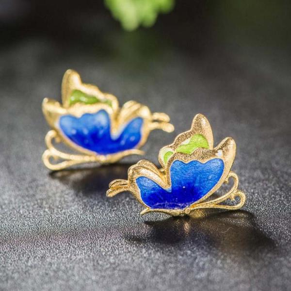 Women Fashion Blue Enamel Sterling Silver Stud Earrings with 18K Gold Plated (E6050603)