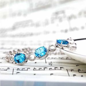 Fashion Jewelry Created Blue Topaz Cubic Zircon 925 Silver Link Chain Bracelet