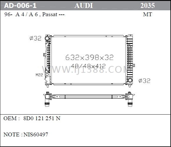 8D0 121 251 N Cooling Car Radiator For Audi A4 / S4 / Passat 96