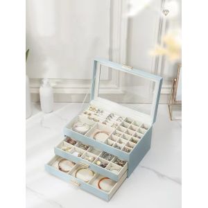 Metal Leatherette Light Blue Jewelry Cases Durable Jewelry Box With Window
