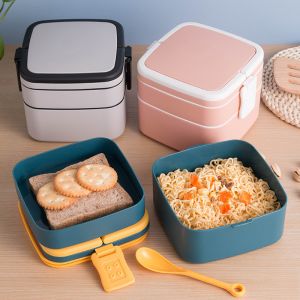Double-Layer Portable Plastic Bento Lunch Box With Lid 1000ML Rectangular Blue