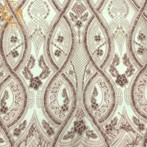 Luxury 3D Beaded Lace Fabric Unique Tulle Embroidery Pink Dress