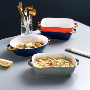 Non Stick Kitchen Ceramic Baking Pans With Gold Rim Nordic Style